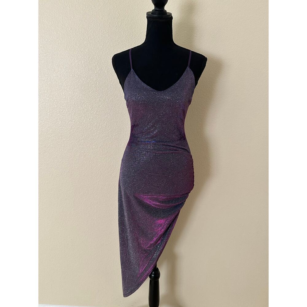 Q Women Purple Glitter Shimmer Asymmetrical Spaghetti Strap Side Ruched Dress S